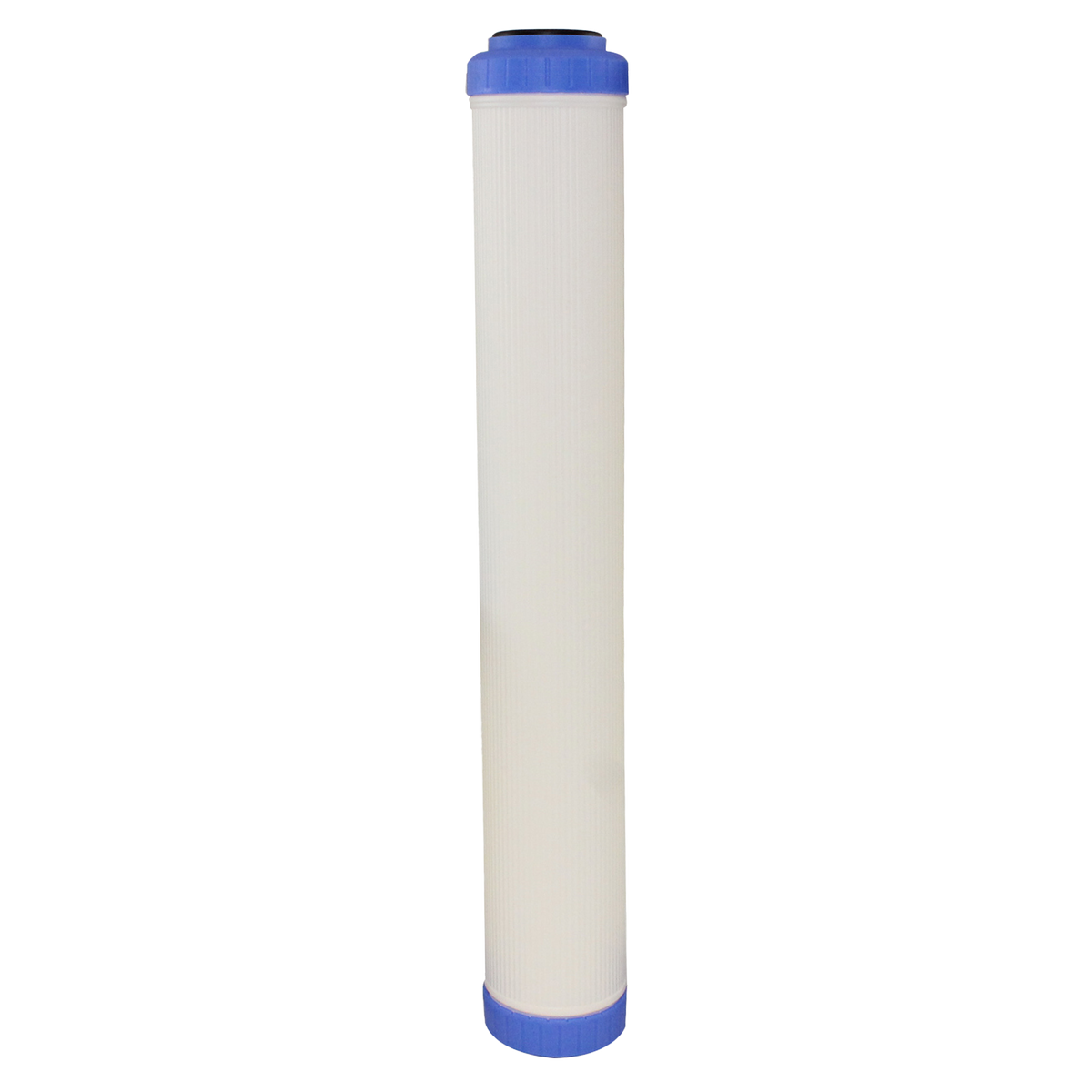 AXEON ACC-25-20 Activated Carbon Cartridge with long white cylindrical body and blue end caps for high-purity water