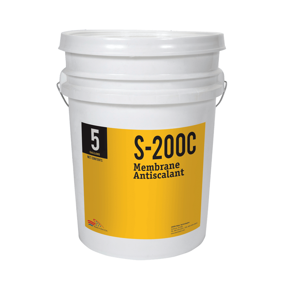 AXEON S-200C Membrane Antiscalant Concentrate in a 5-gallon white bucket with yellow label for preventing scale buildup in water treatment systems