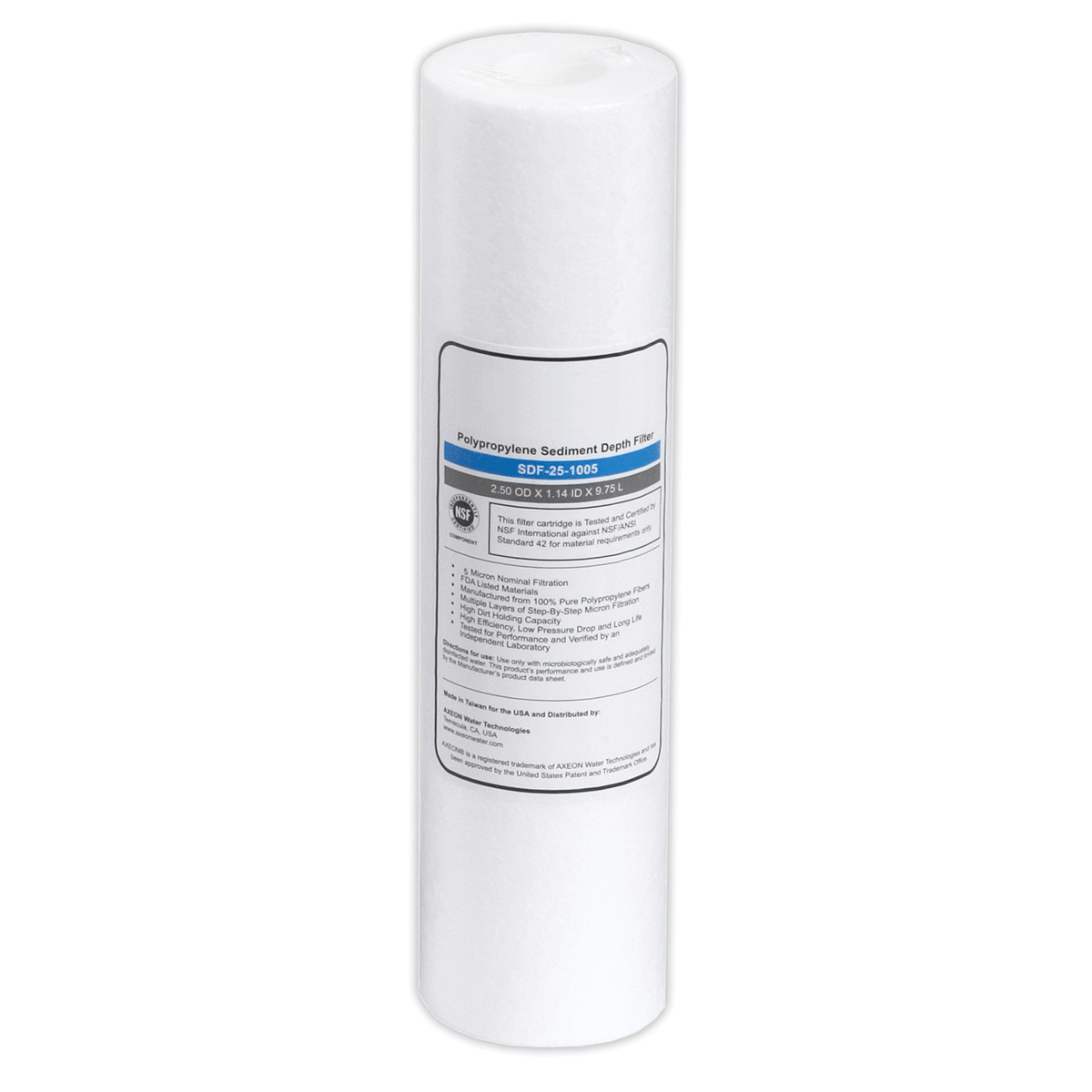 AXEON SDF-25-1005 Polypropylene Sediment Depth Filter Cartridge 5 Micron with white cylindrical body and label for efficient particulate removal in water filtration systems