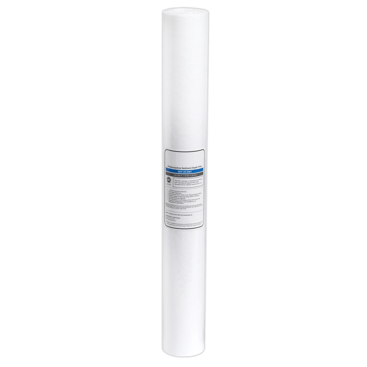 AXEON SDF-25-2005 Polypropylene Sediment Depth Filter Cartridge 2.5" x 20" 5 Micron with white cylindrical body and label for high-capacity particulate removal in water filtration systems