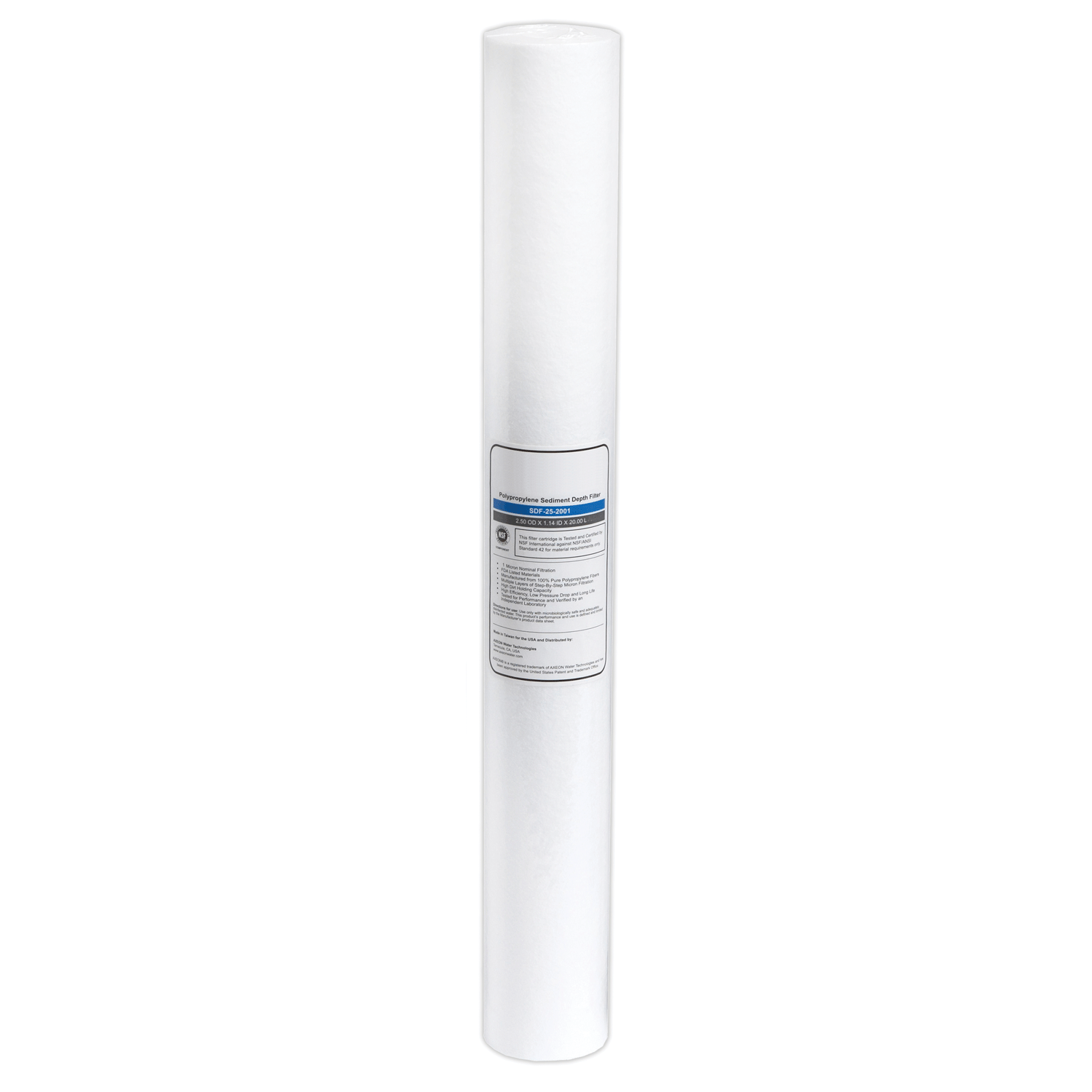 AXEON SDF-25-3050 Polypropylene Sediment Depth Filter Cartridge 2.5" x 30" 50 Micron with long white cylindrical body and label for high-capacity particulate removal in large-scale water filtration systems