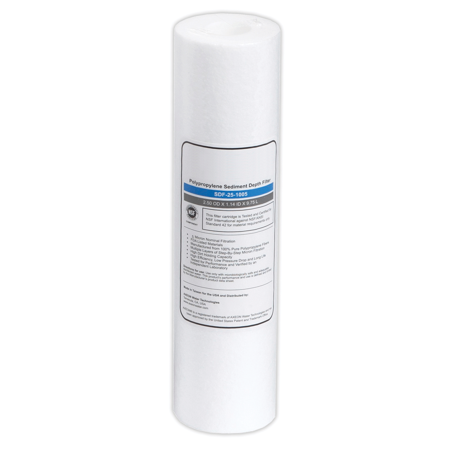 AXEON SDF-45-1005 Polypropylene Sediment Depth Filter Cartridge 4.5" x 10" 5 Micron with white cylindrical body and blue end caps for high-flow, fine particulate removal in commercial water filtration systems