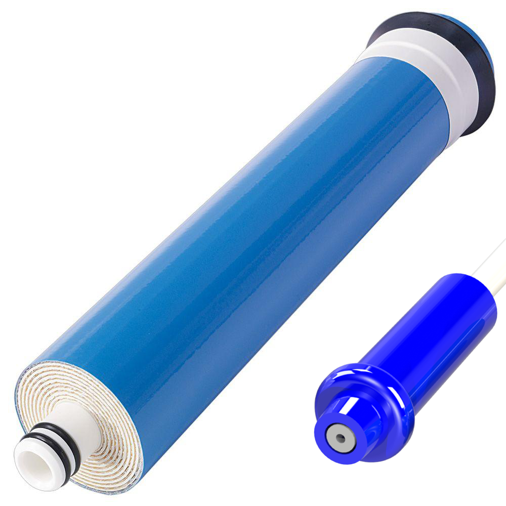 AXEON TE-1812-75 Residential Membrane and Restrictor Kit - Blue cylindrical reverse osmosis membrane with white end caps and a smaller yellow flow restrictor, essential components for residential water filtration systems