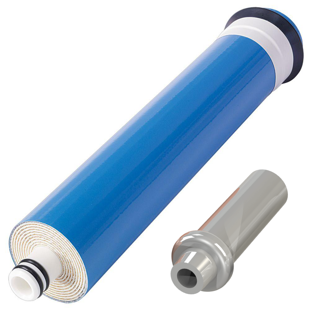 Blue cylindrical reverse osmosis membrane with white end caps and silver flow restrictor for AXEON TE-2012-150 residential water filtration system