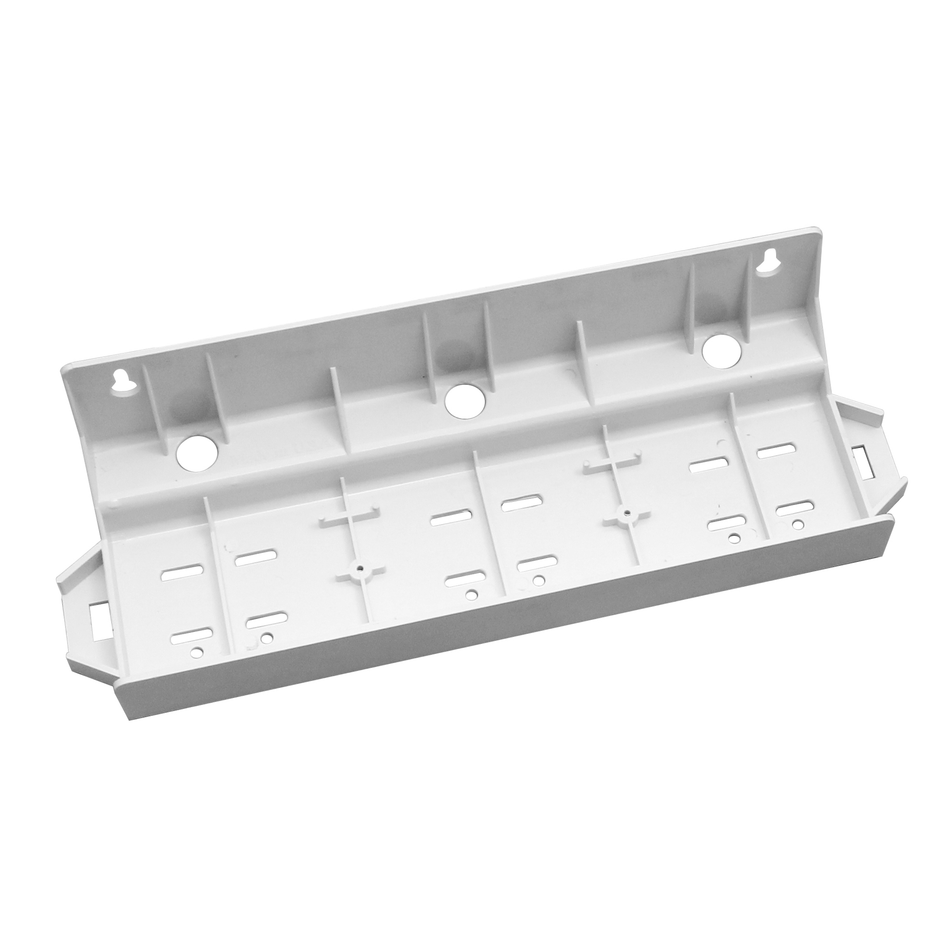 AXEON Plastic Bracket Triple 2.5" White - White plastic mounting bracket with three sections and multiple holes, designed to hold three 2.5-inch water filter housings in a row