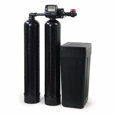 AXEON Meter Twin Water Softener 2-1653 with 1-inch MNPT connections, featuring two black cylindrical resin tanks, digital control valve, and separate brine tank