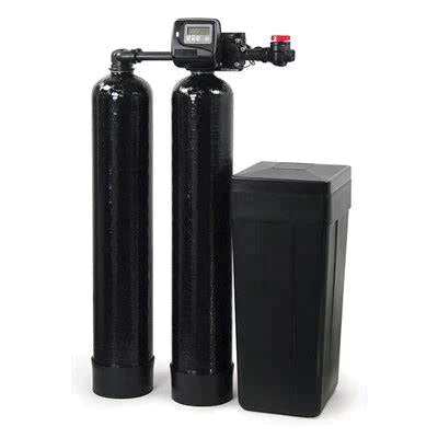 AXEON Meter Twin Water Softener 2-1865 with 1.25-inch MNPT connections, featuring two black cylindrical resin tanks, digital control valve, and separate brine tank