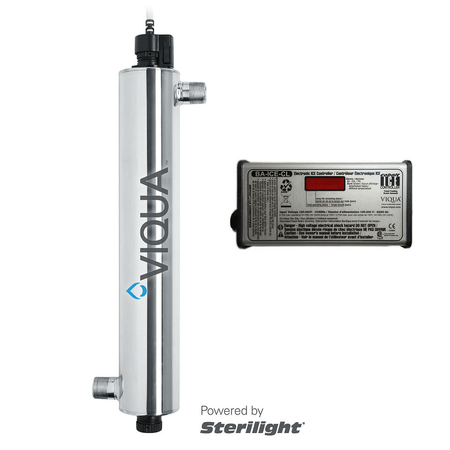 Viqua VH410 UV System 12 GPM 220V 60Hz with stainless steel chamber, digital controller, and 3/4" FNPT 1" MNPT combo connections for high-capacity water disinfection