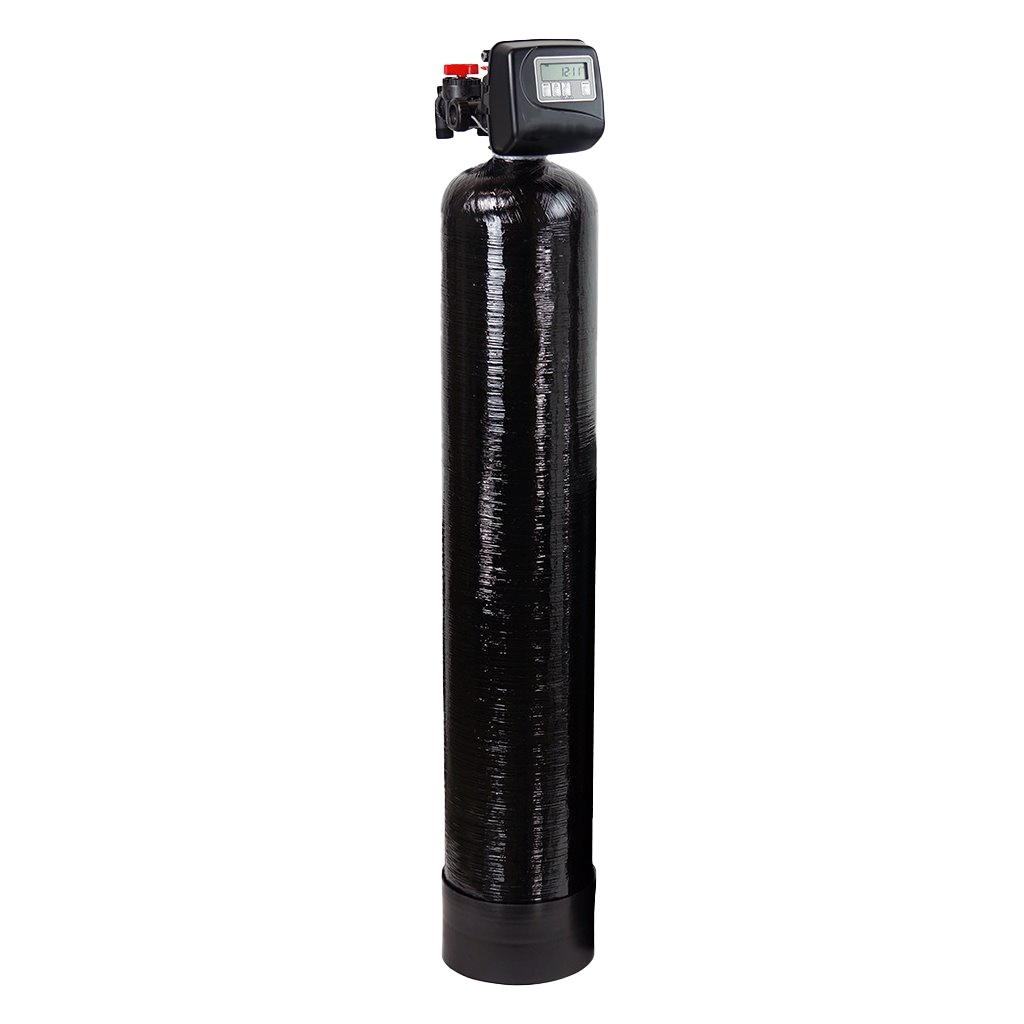 AXEON Meter Katalox Light Iron Reduction 2162 Backwashing System 110V with black cylindrical tank, digital control valve, and red bypass valve for effective iron removal