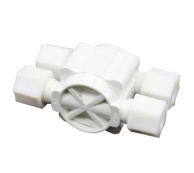 AXEON Shut Off Valve White 3/8" QC - White plastic automatic shut-off valve with multiple quick-connect ports and a central rotating mechanism for reverse osmosis water filtration systems