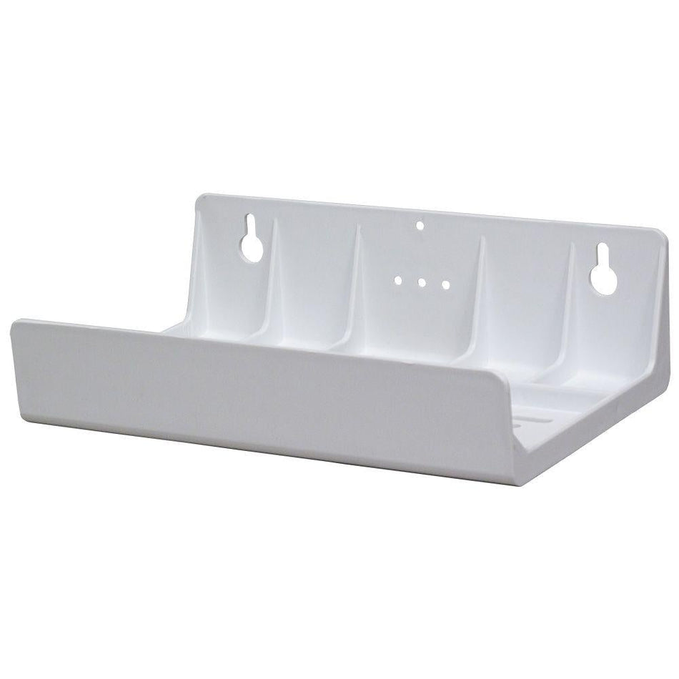 AXEON Plastic Bracket Double 2.5" White - White plastic L-shaped bracket with two sections and multiple mounting holes, designed to secure two 2.5-inch water filter housings