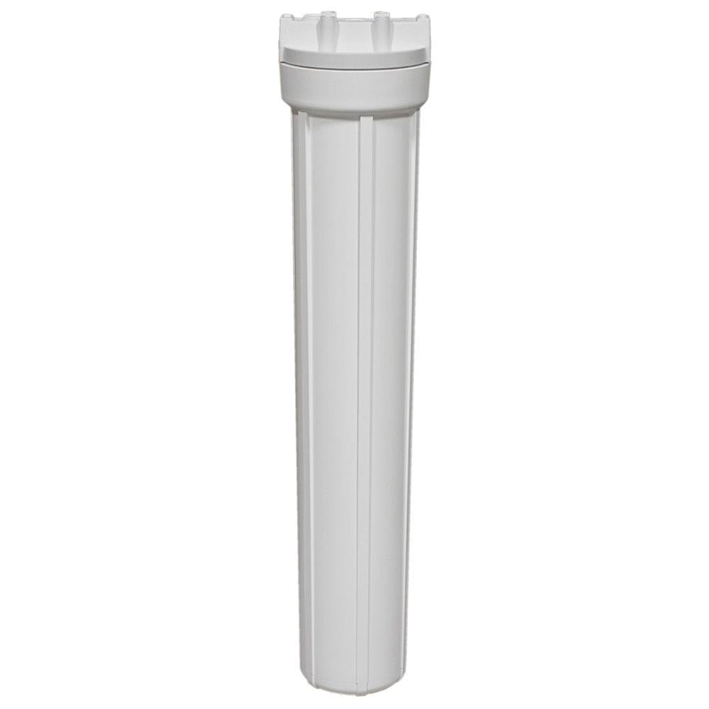 Pentair Filter Housing 2.5" x 20" with tall white cylindrical body, single O-ring, and 1/4" FNPT connections for high-capacity residential water filtration