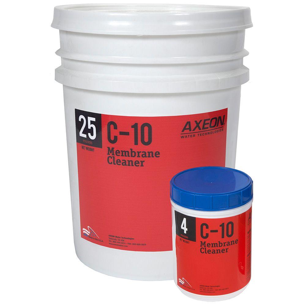 AXEON C-10 Low pH Membrane Cleaner in 25-pound and 45-pound white buckets with red labels for effective cleaning of water treatment membranes