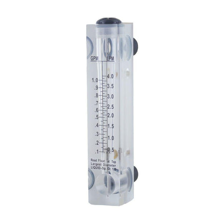 Transparent acrylic AXEON flow meter with vertical scale measuring 0.1-1 GPM, featuring 1/2" MNPT and 1/4" MNPT connections for panel mounting