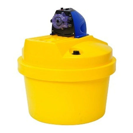 AXEON 30 Gallon Tank and 4 GPD Chemical Injection System 110V featuring yellow cylindrical storage tank with blue pump housing and purple metering pump for precise chemical dosing