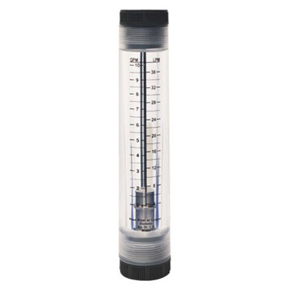 Transparent cylindrical AXEON inline flow meter with vertical scale measuring 1-10 GPM, featuring 1" FNPT connections on both ends