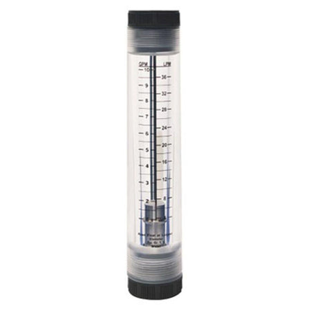 Transparent cylindrical AXEON inline flow meter with vertical scale measuring 1-20 GPM, featuring 1" FNPT connections on both ends