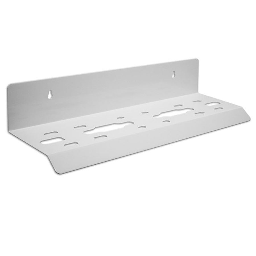 AXEON Steel Bracket Triple 4.5" White - White powder-coated steel mounting bracket with three sections and multiple holes, designed to hold three 4.5-inch water filter housings in a row