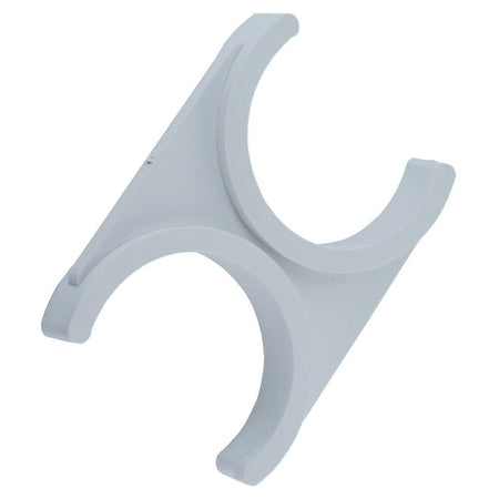 AXEON Double White 2.5" X 2.0" Clip - White plastic H-shaped clip with two circular openings of different sizes, designed to secure two water filter housings of 2.5 and 2.0 inches in diameter