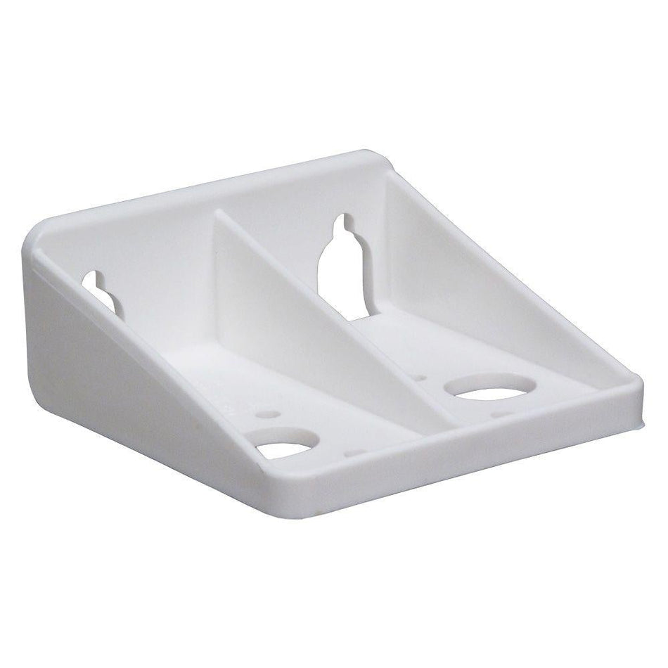 AXEON Plastic Bracket Single 2.5" White - L-shaped white plastic mounting bracket with multiple screw holes for securing 2.5-inch water filter housings